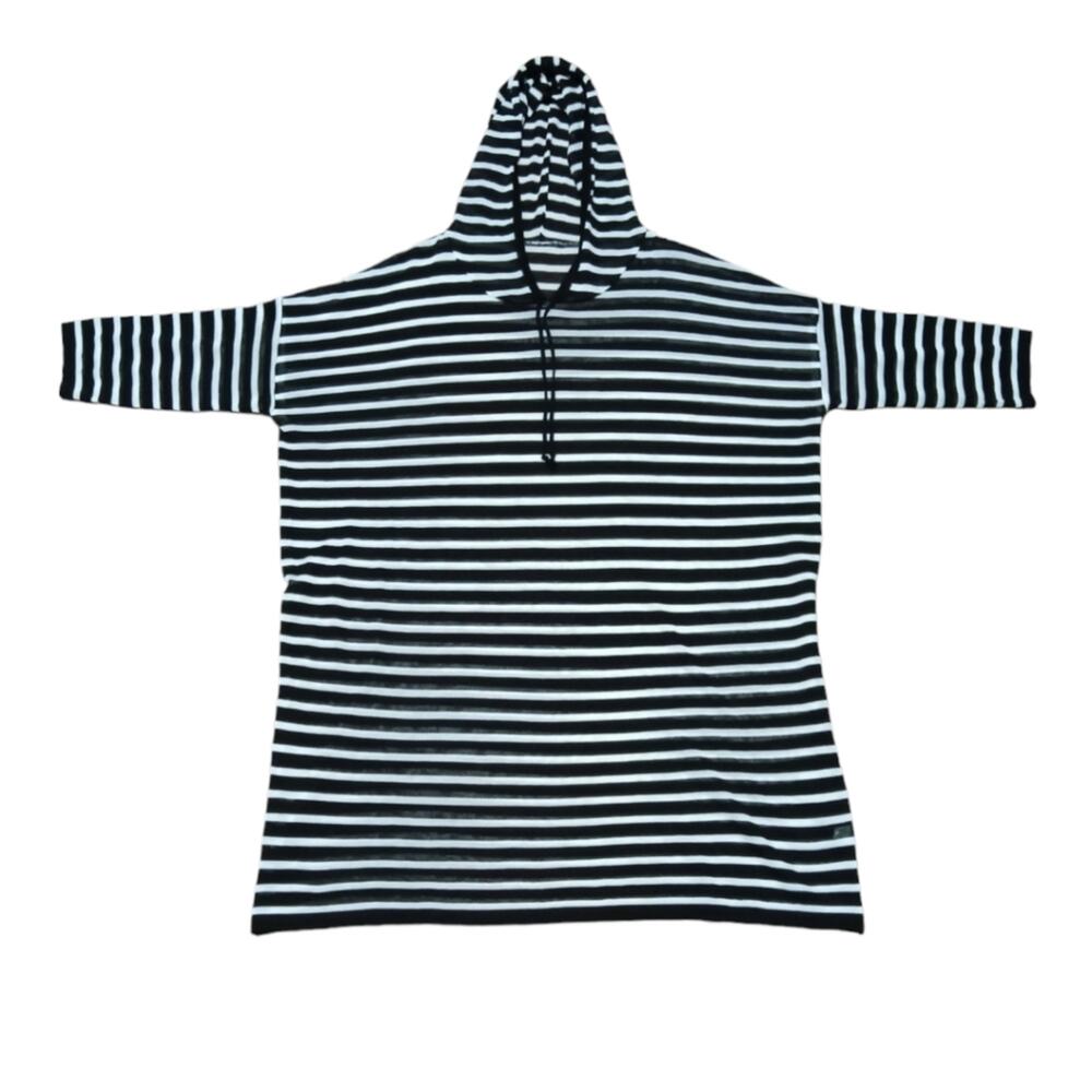 Black and White Striped hooded‎ short sleeve swim cover